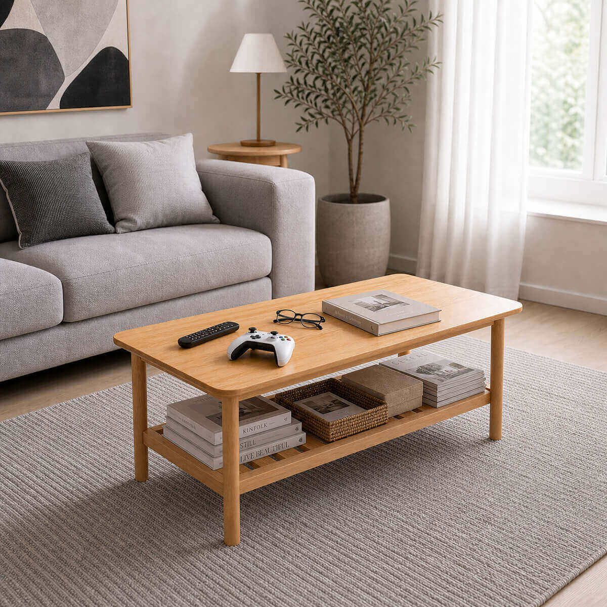 Portland Solid Beech Coffee Table in a Scandinavian living room with open shelf storage