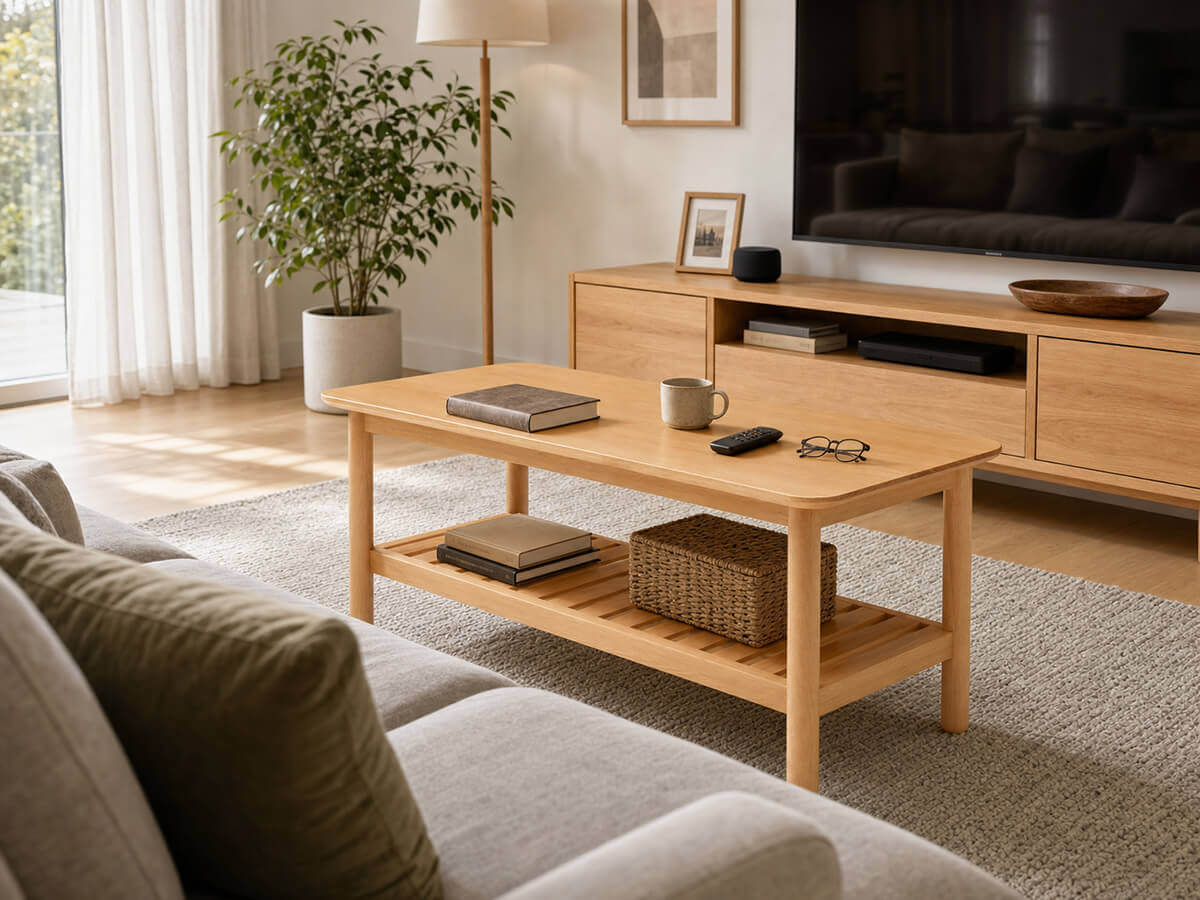 Portland Solid Beech Coffee Table paired with a timber TV unit in a modern living room