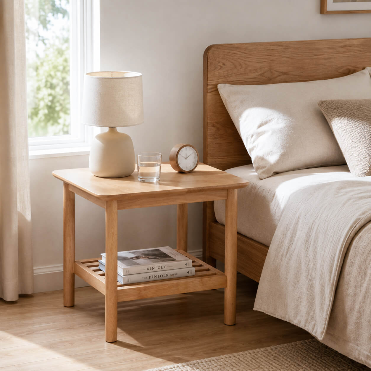 Portland Solid Beech Side Table used as a bedside table