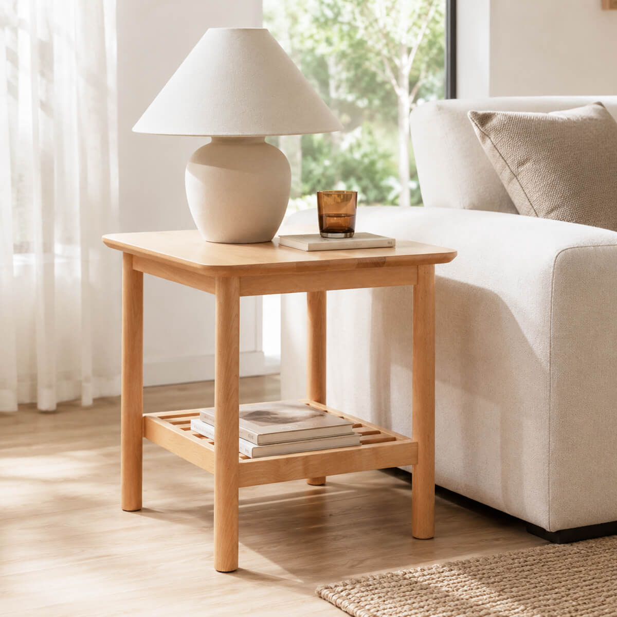 Portland Solid Beech Side Table beside a sofa