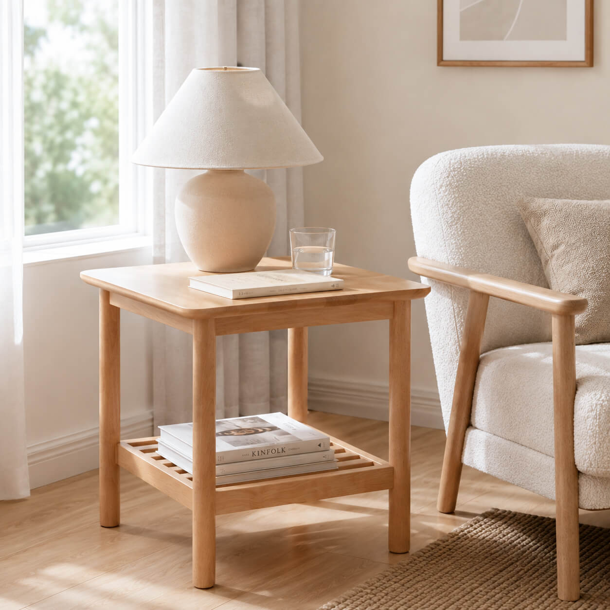 Portland Solid Beech Side Table in a reading corner