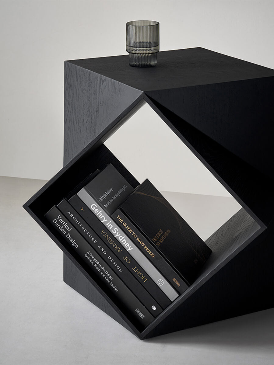 Open geometric storage compartment of the Prism Sculptural Side Table