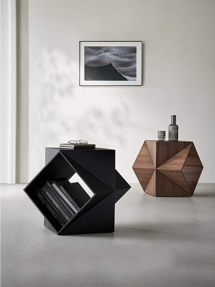 Prism Sculptural Side Table in walnut and black finishes