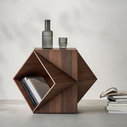 Prism Sculptural Side Table in walnut finish with geometric sculptural design