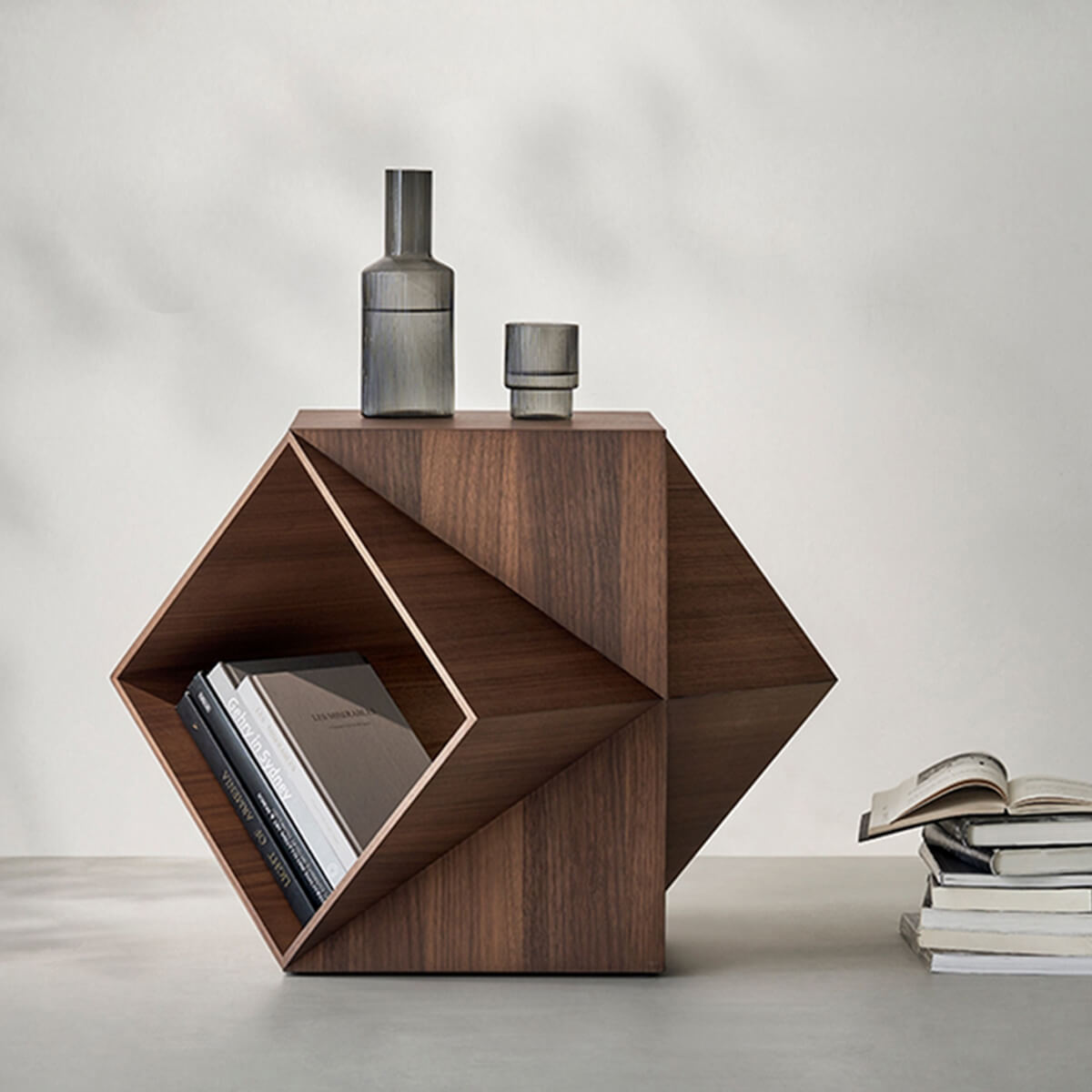 Prism Sculptural Side Table in walnut finish with geometric sculptural design