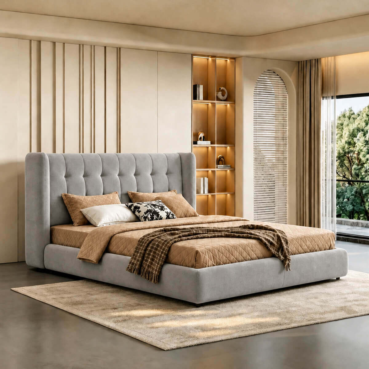 Ravenna upholstered bed frame in WC-26 with deep grid tufting