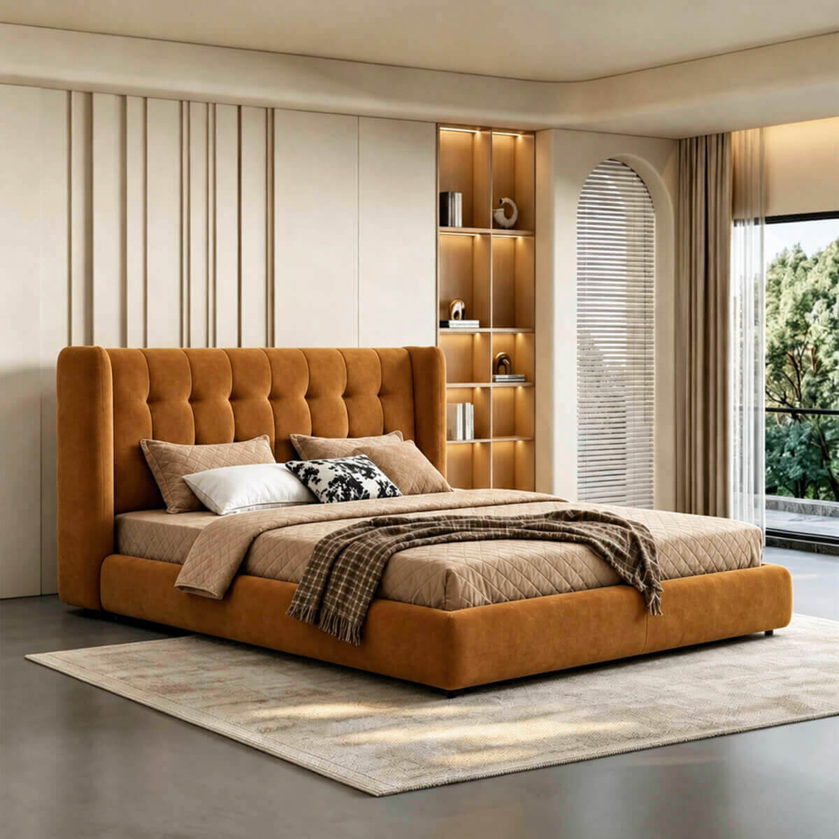 Ravenna upholstered bed frame in WC-7 with tall wingback tufted headboard