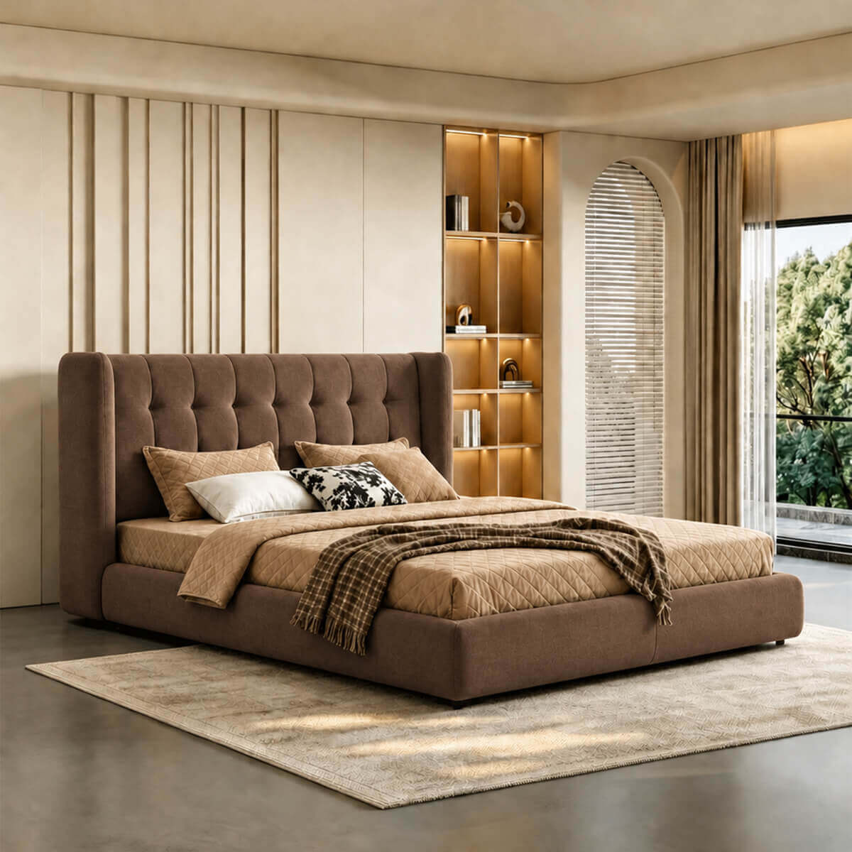 Ravenna upholstered bed frame in WC-8 with padded wingback headboard