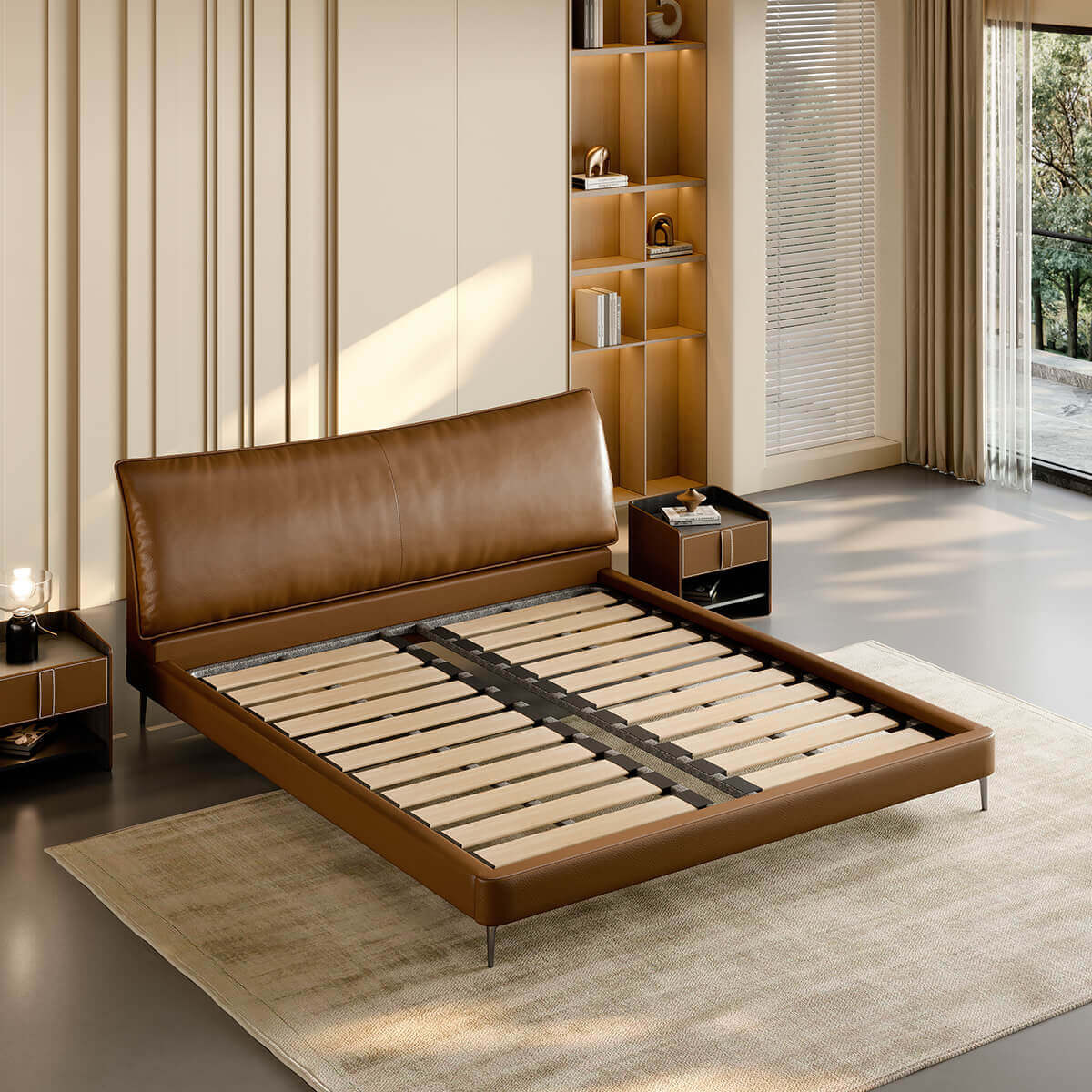 Reno Leather Bed Frame with larch wood slat system
