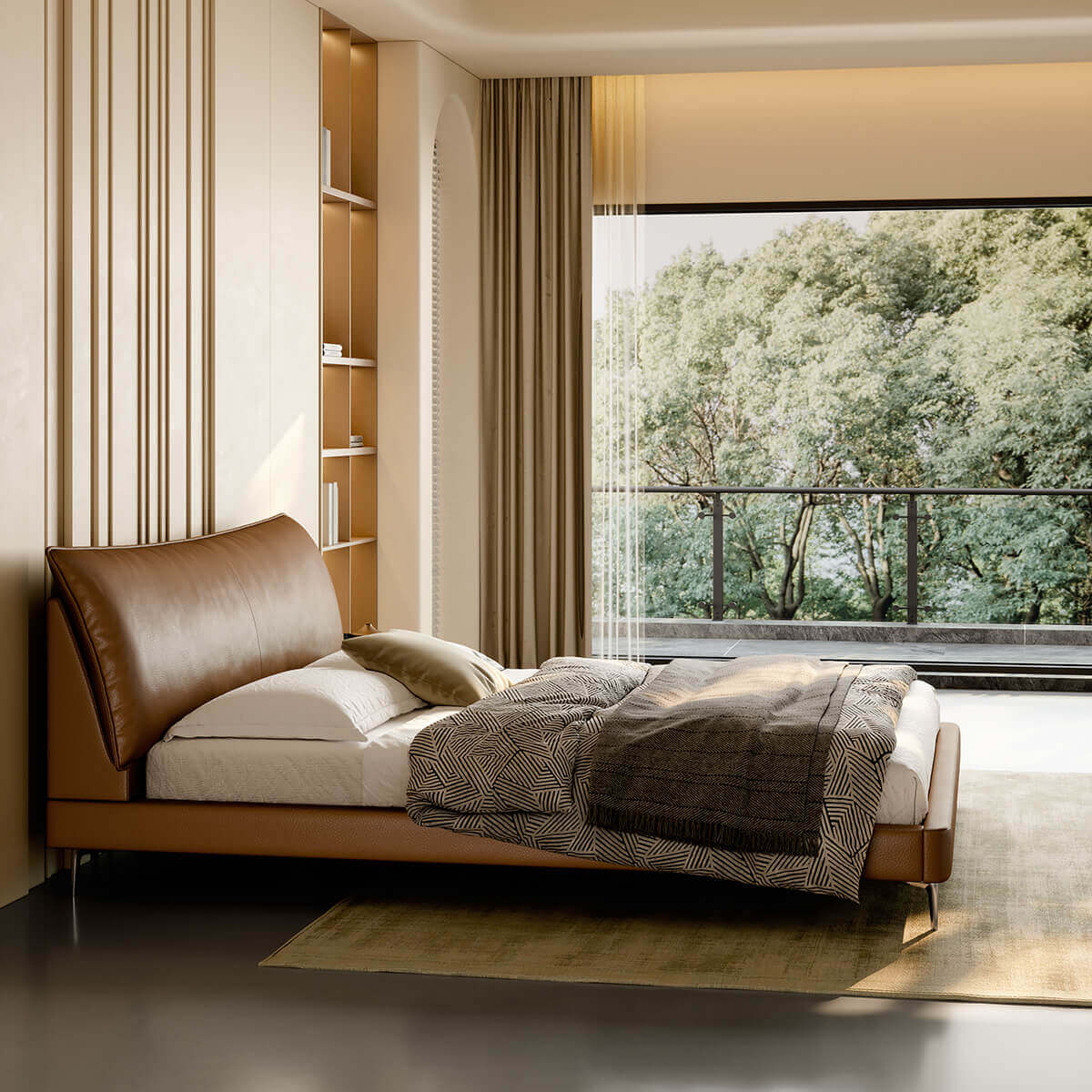 Reno Leather Bed Frame side view showing the curved headboard and metal legs