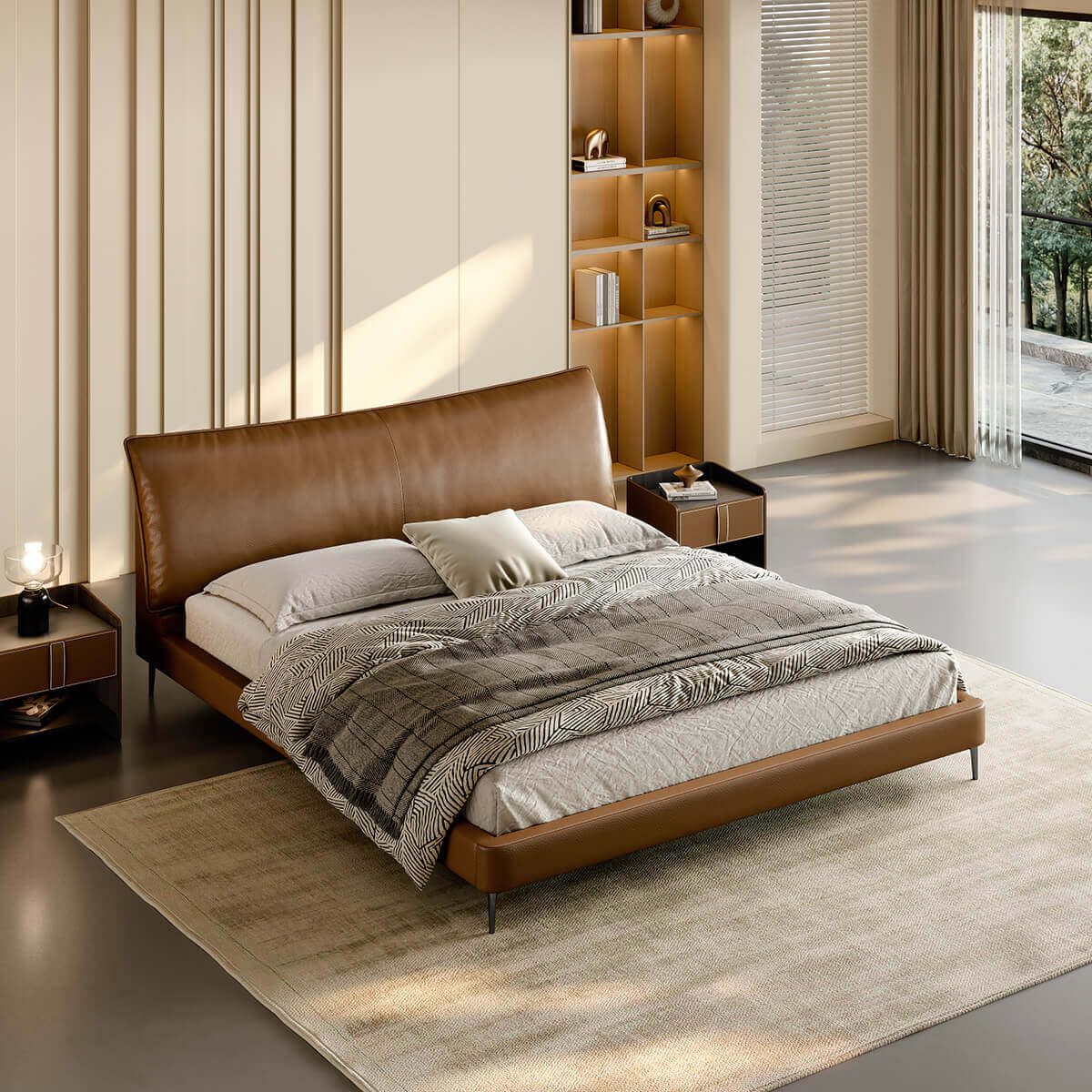 Reno Top-Grain Leather Bed Frame front view with curved padded headboard