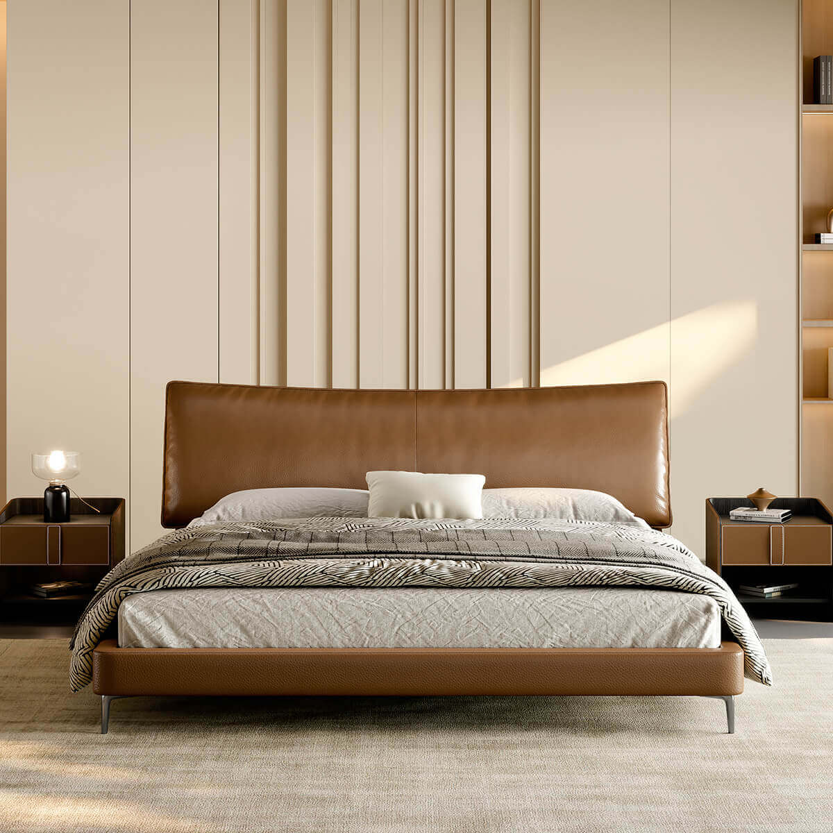 Reno Top-Grain Leather Bed Frame front view with curved padded headboard
