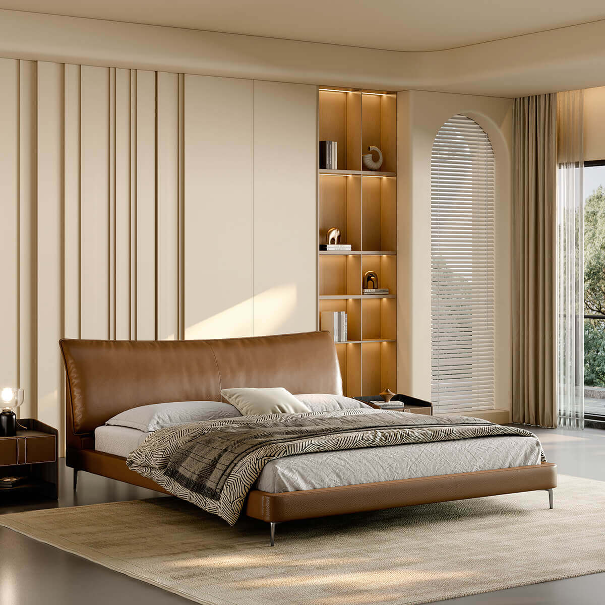 Reno Top-Grain Leather Bed Frame with curved padded headboard