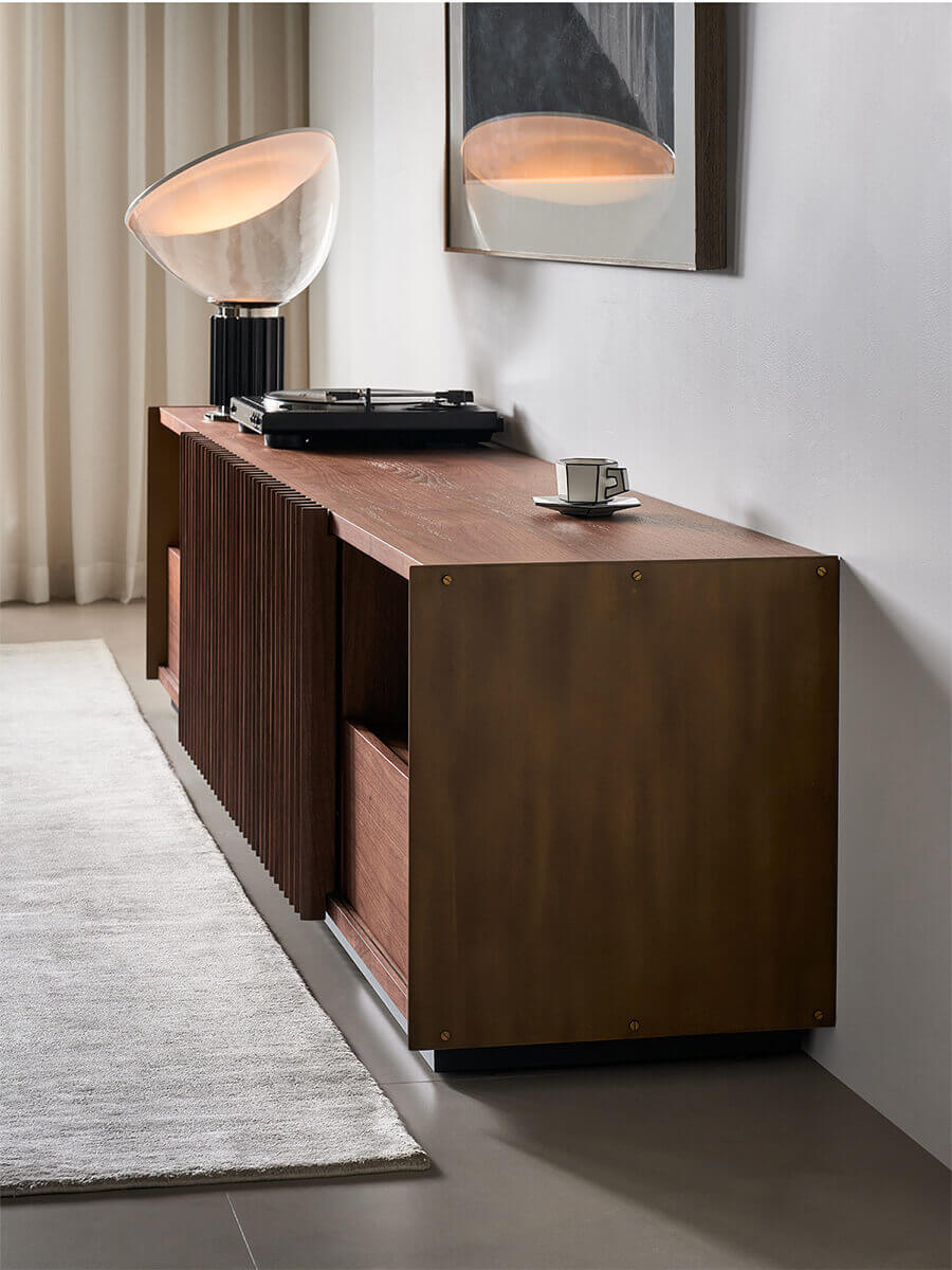 Antique bronze side panel detail on the Rhythm TV Unit