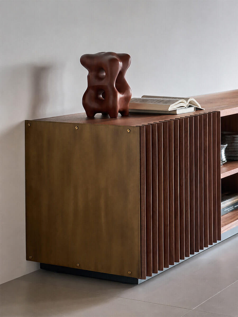 Premium sliding door track detail of the Rhythm Walnut TV Unit