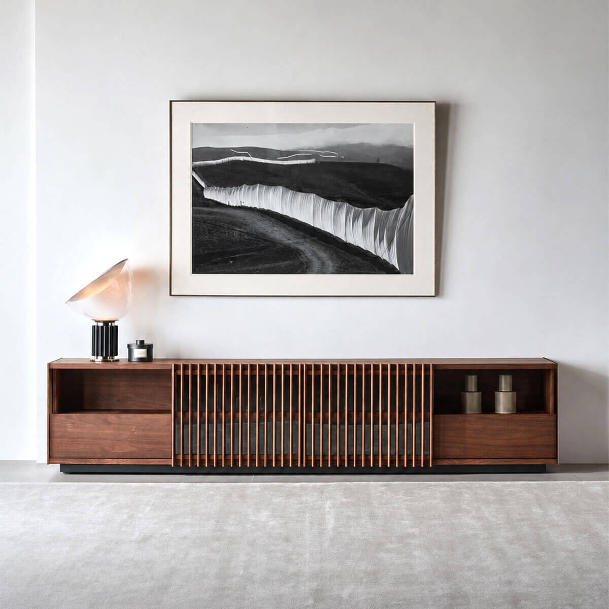 Rhythm Walnut TV Unit with slatted sliding doors