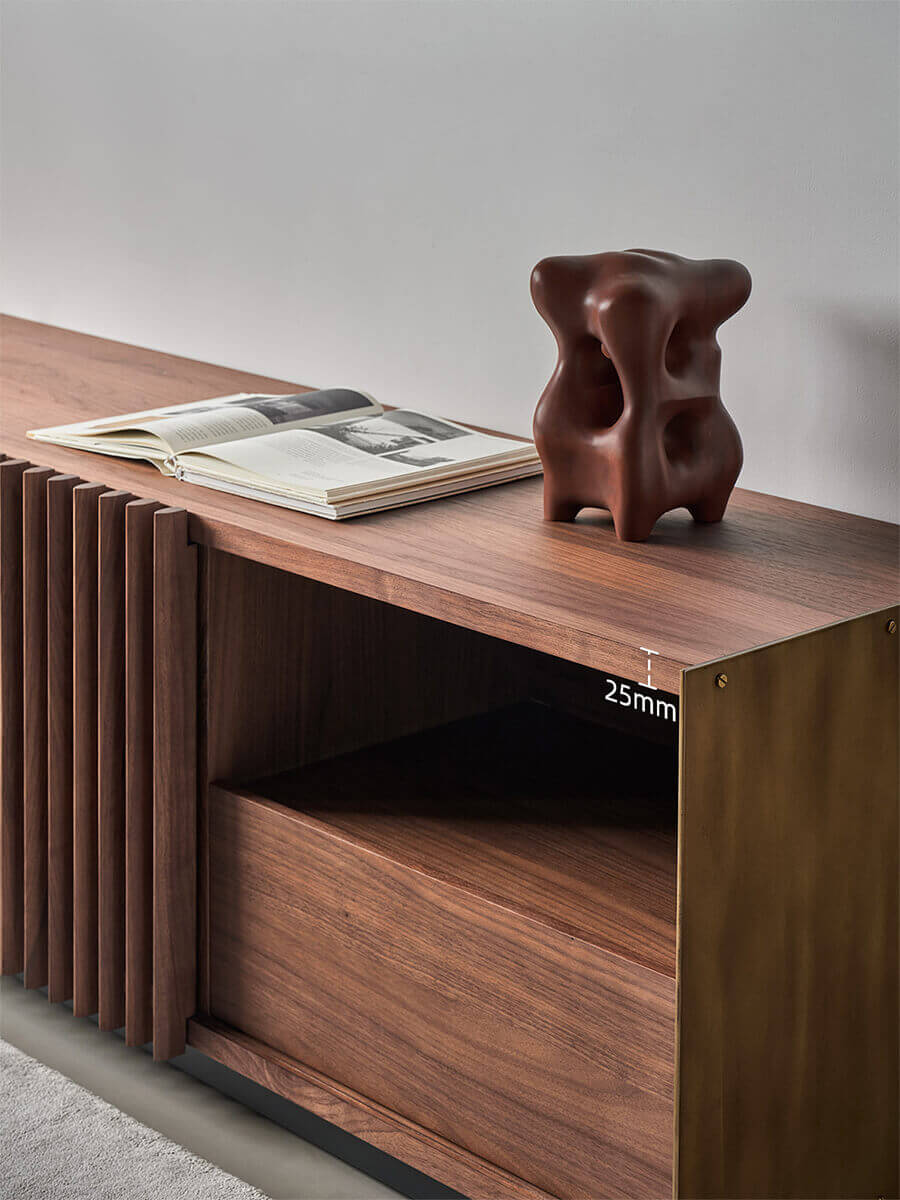 Side storage detail of the Rhythm Walnut TV Unit with drawer and open shelf