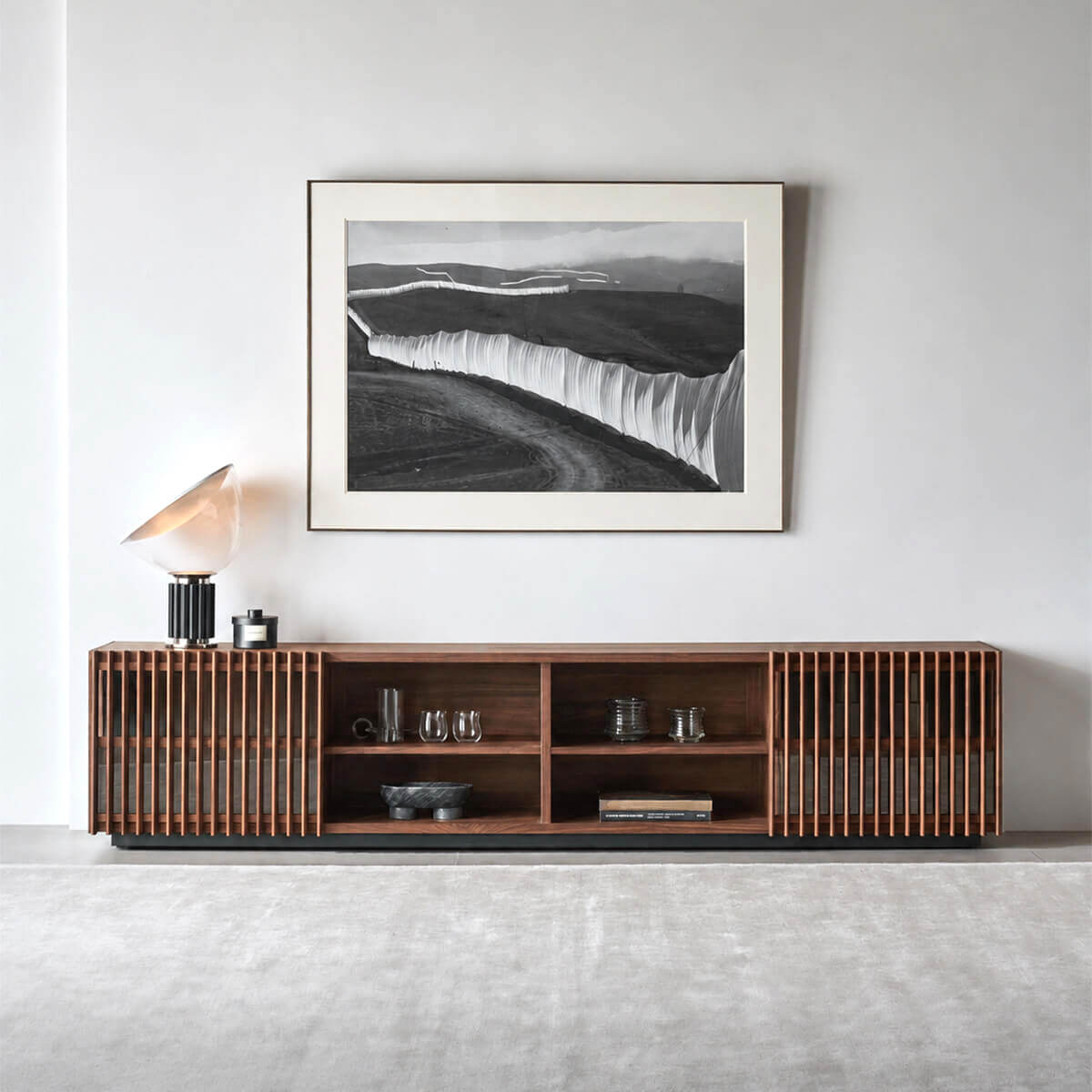 Rhythm Walnut TV Unit displaying open shelving, sliding doors and concealed storage