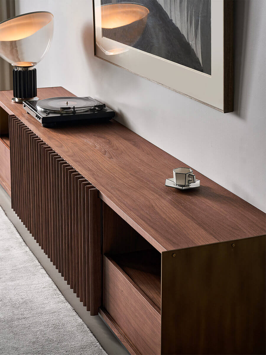 Top detail of the Rhythm Walnut TV Unit showcasing premium walnut craftsmanship