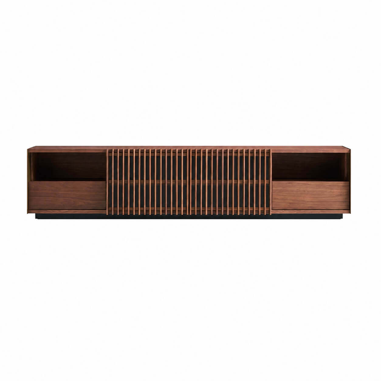 Rhythm Walnut TV Unit on a white background with solid walnut sliding doors