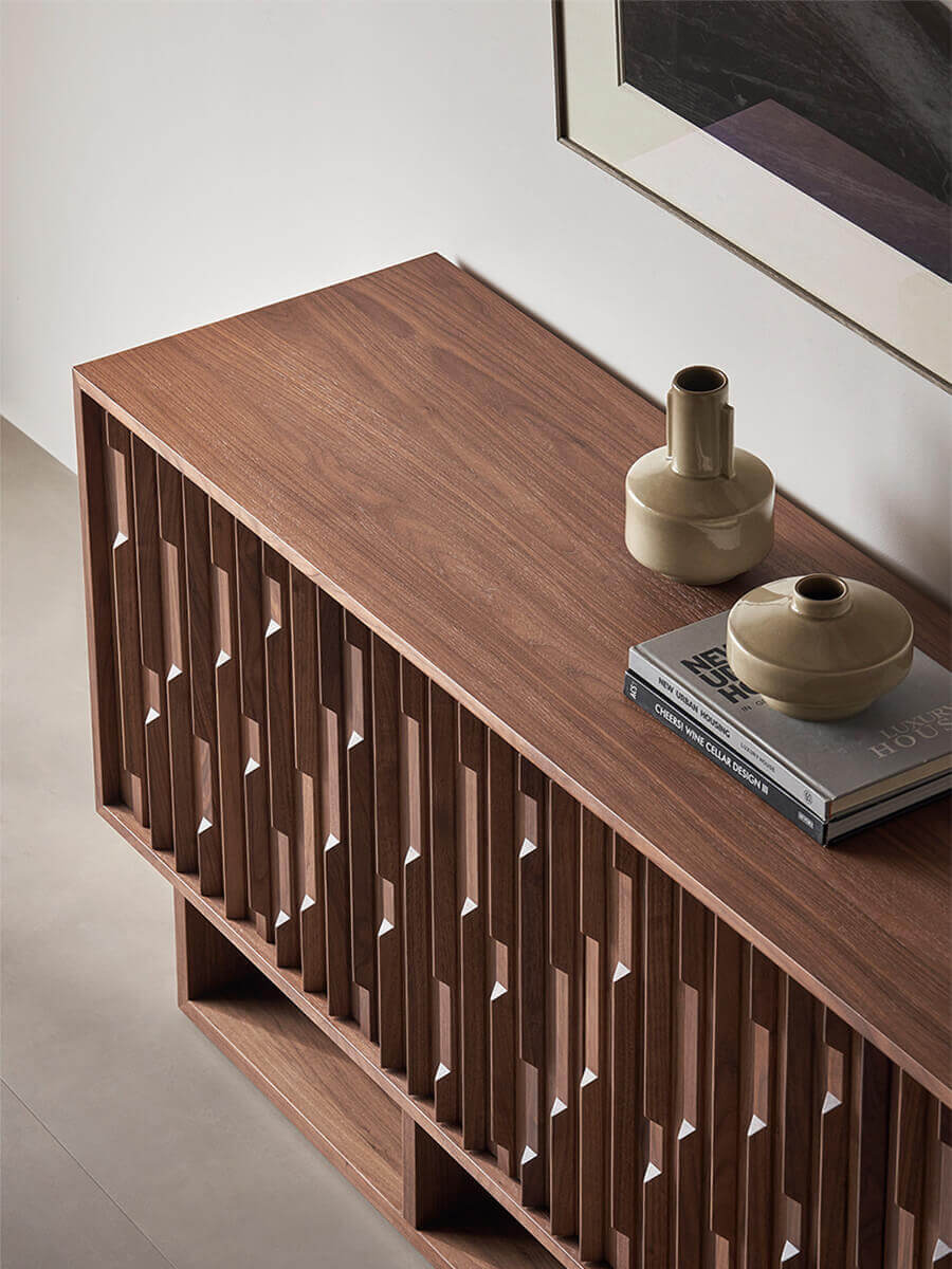 Close-up detail of Ridge Walnut Sideboard with sculptural walnut battens