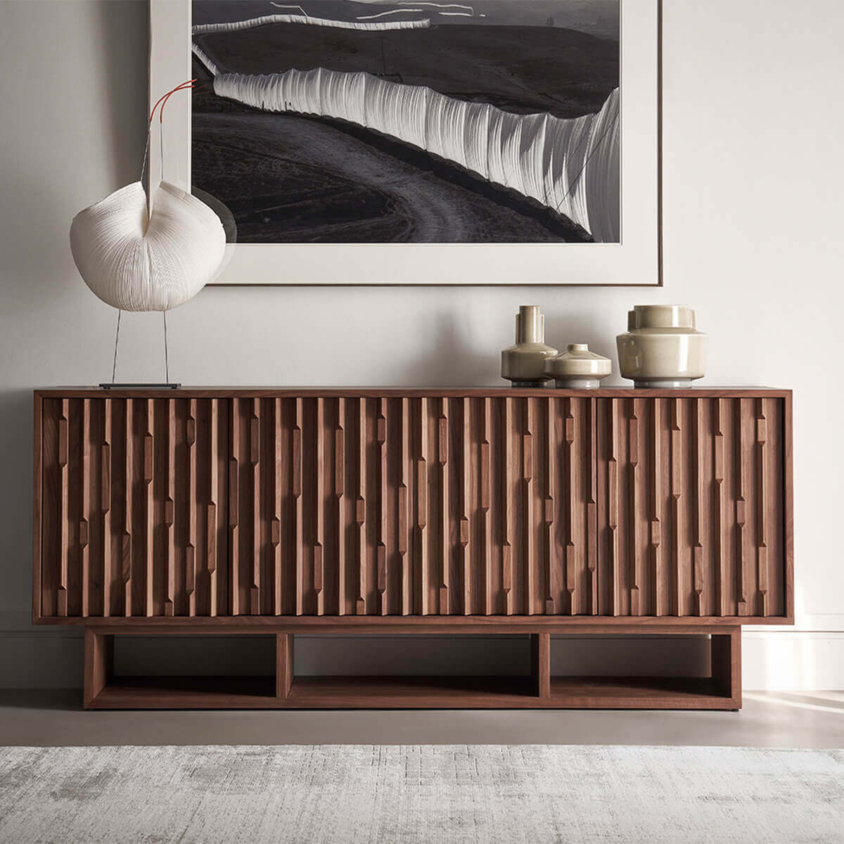 Ridge Walnut Sideboard featuring sculptural fluted walnut doors