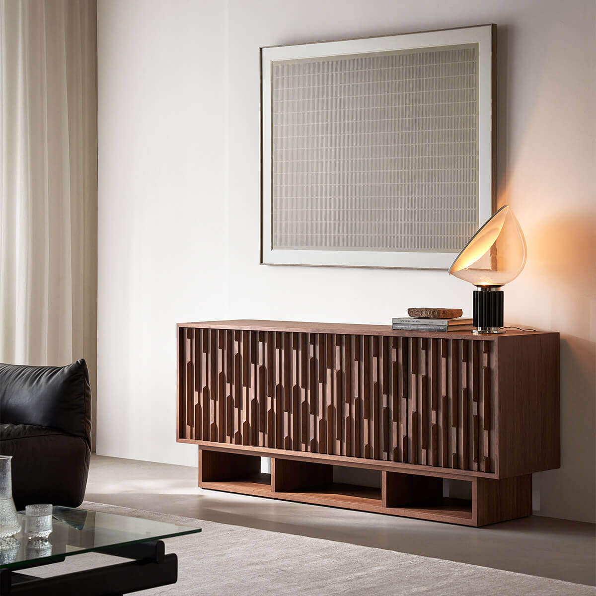 Ridge Walnut Sideboard styled in a contemporary living room