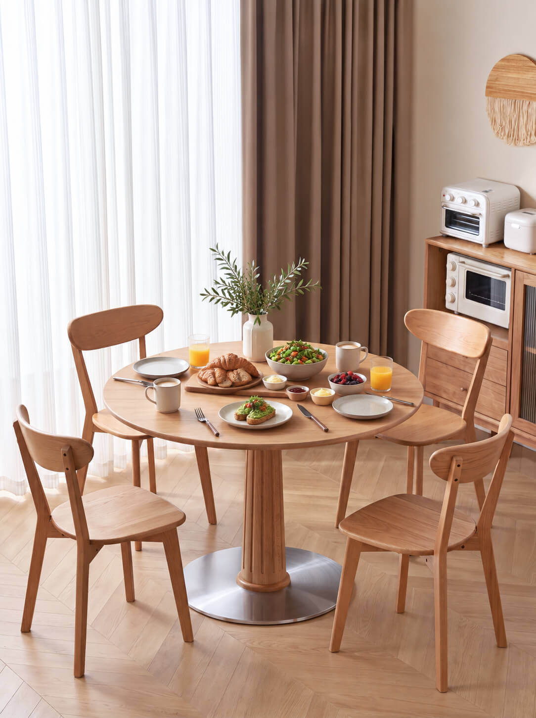 Riva Solid Oak Round Dining Table set with four oak dining chairs
