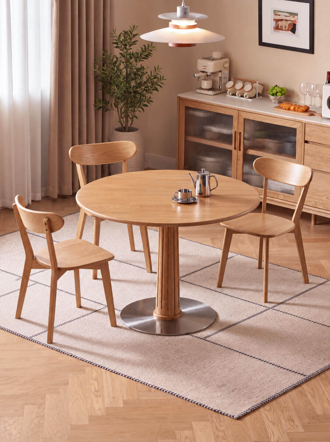 Riva Solid Oak Round Dining Table styled with three solid oak dining chairs