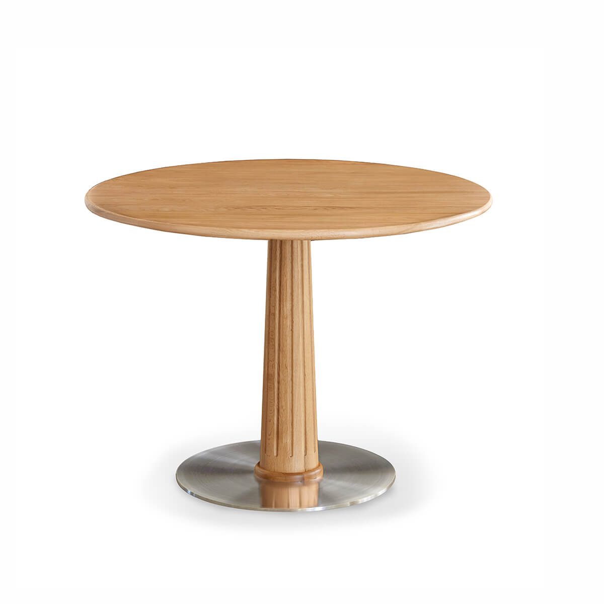 Riva Solid Oak Round Dining Table with fluted oak pedestal and brushed stainless steel base