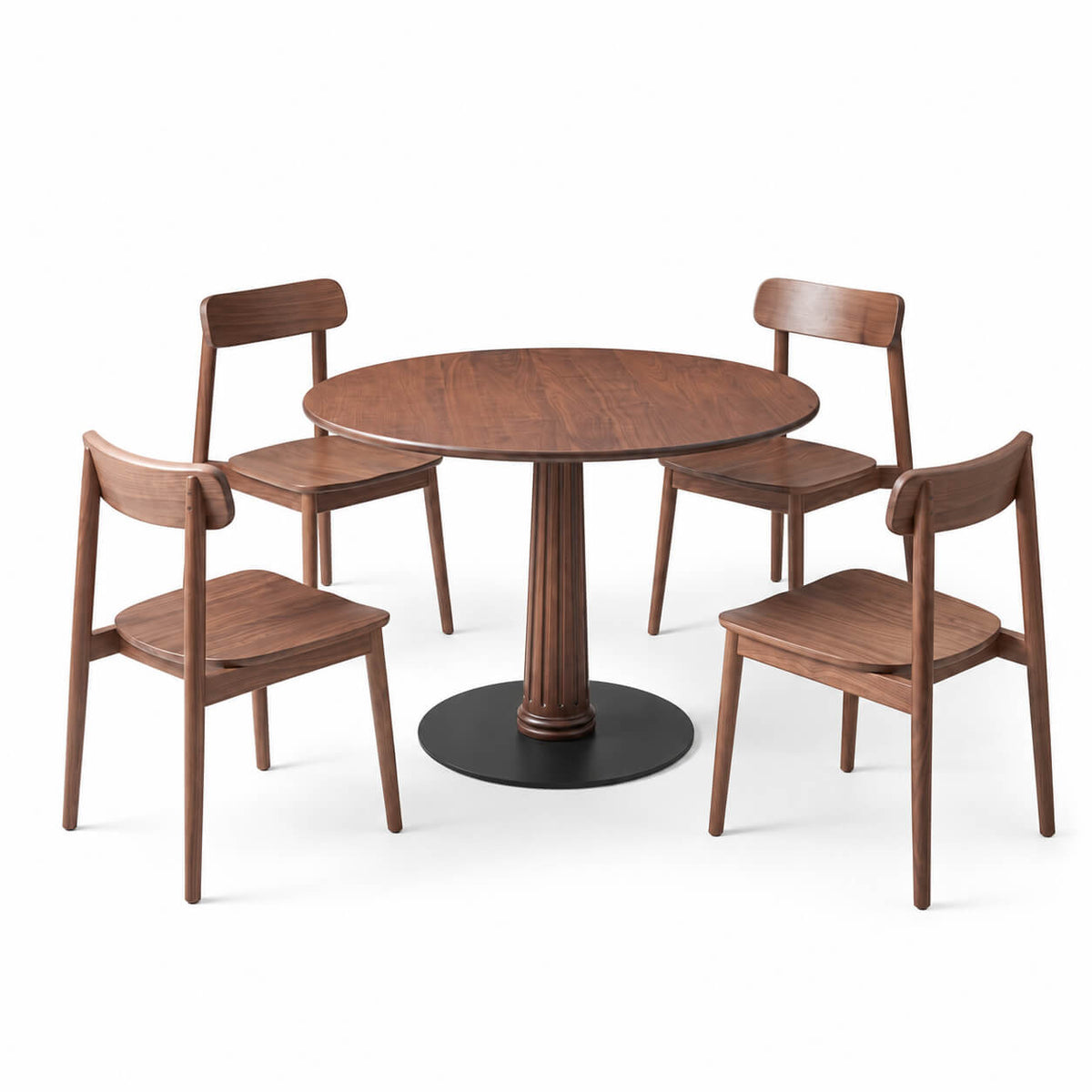 Riva Solid Walnut Round Dining Table 100cm with four walnut dining chairs