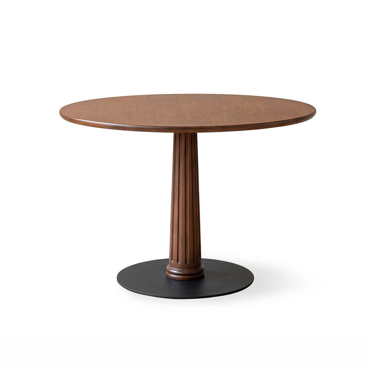Riva Solid Walnut Round Dining Table with fluted pedestal and metal disc base