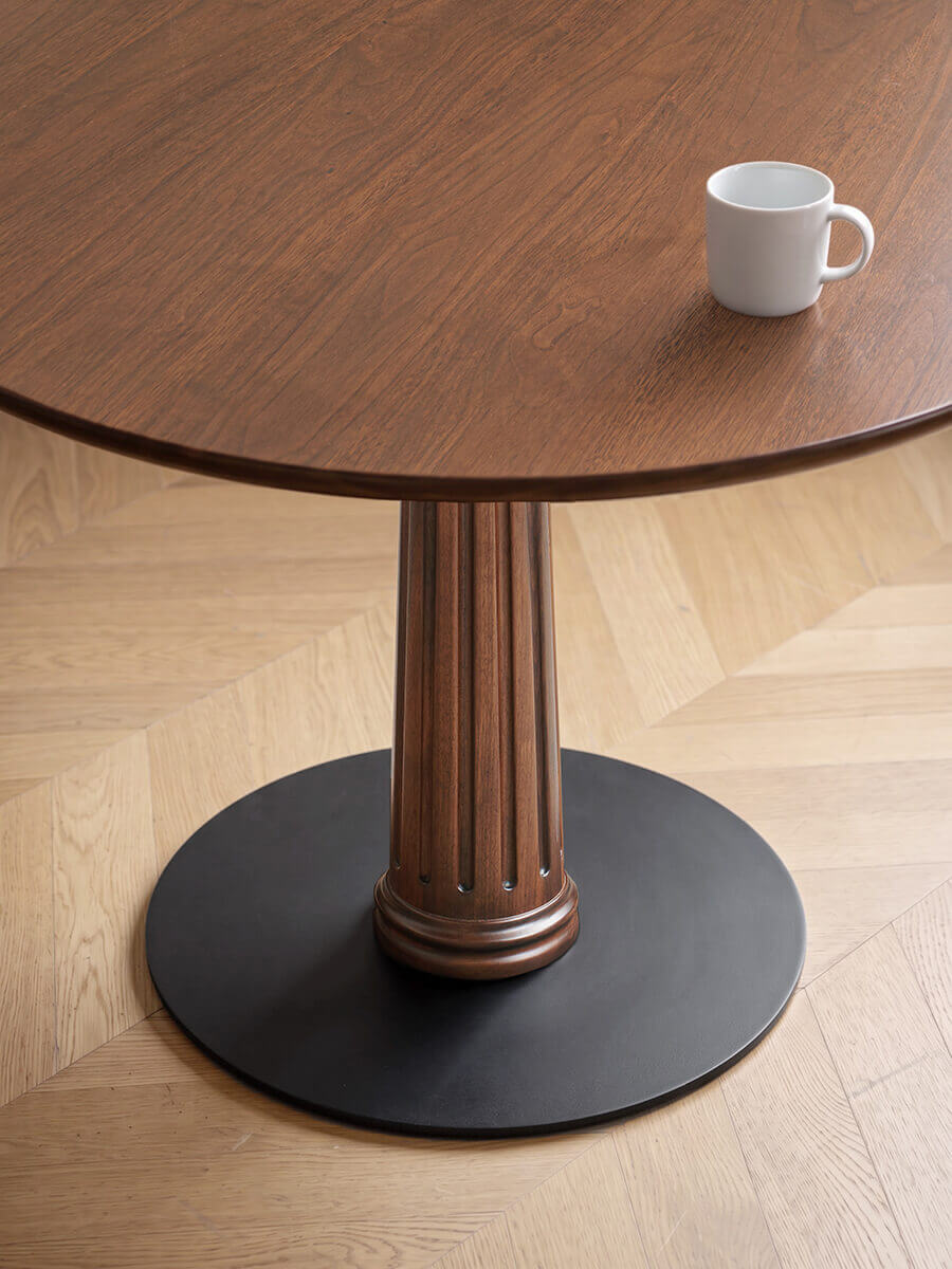 Riva dining table fluted solid walnut pedestal and metal disc base