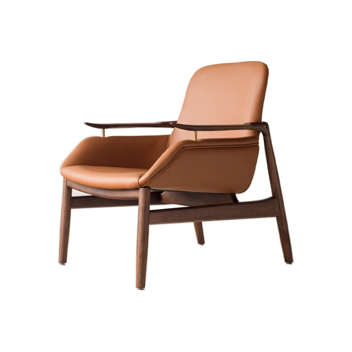 Robin Leather Armchair angled view with sculptural timber armrests