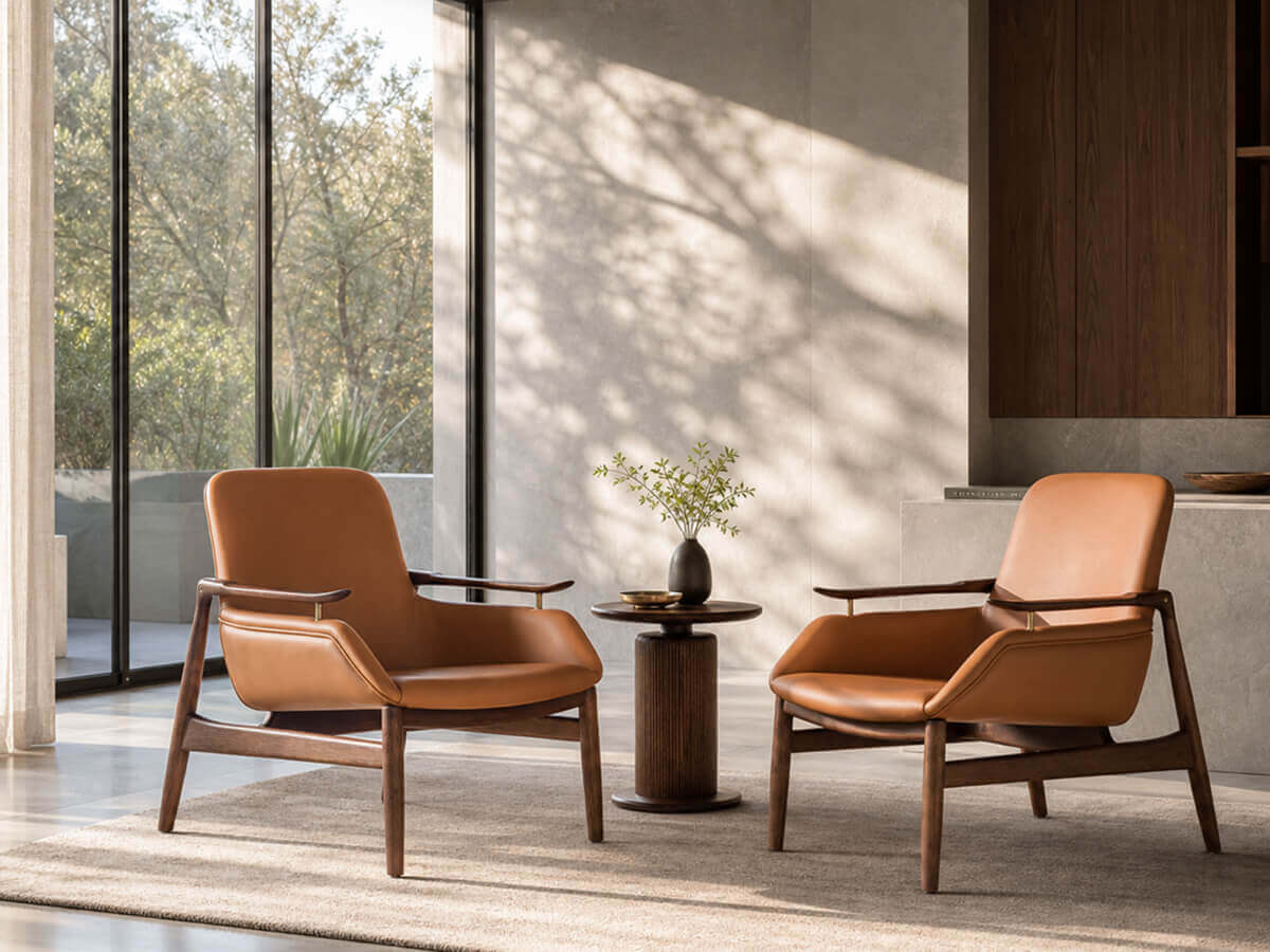 Pair of Robin Leather Armchairs in a contemporary living room
