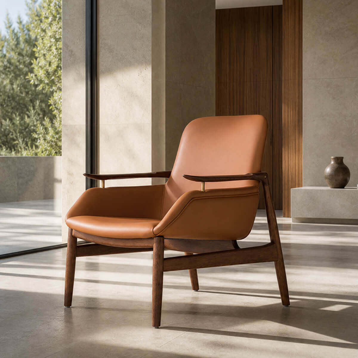 Robin Leather Armchair with solid ash wood frame and sculptural timber armrests