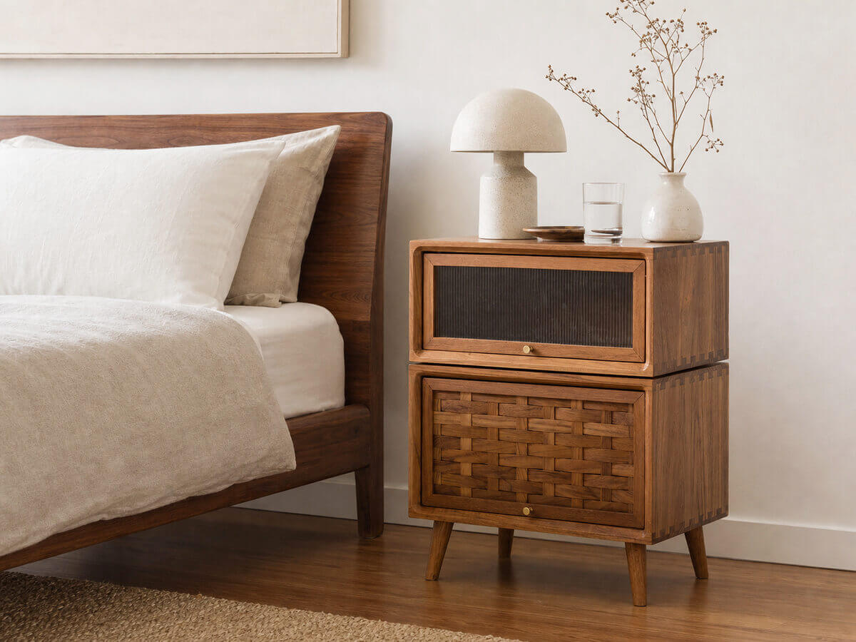 Angled view of the Rosen solid teak bedside table in a modern bedroom