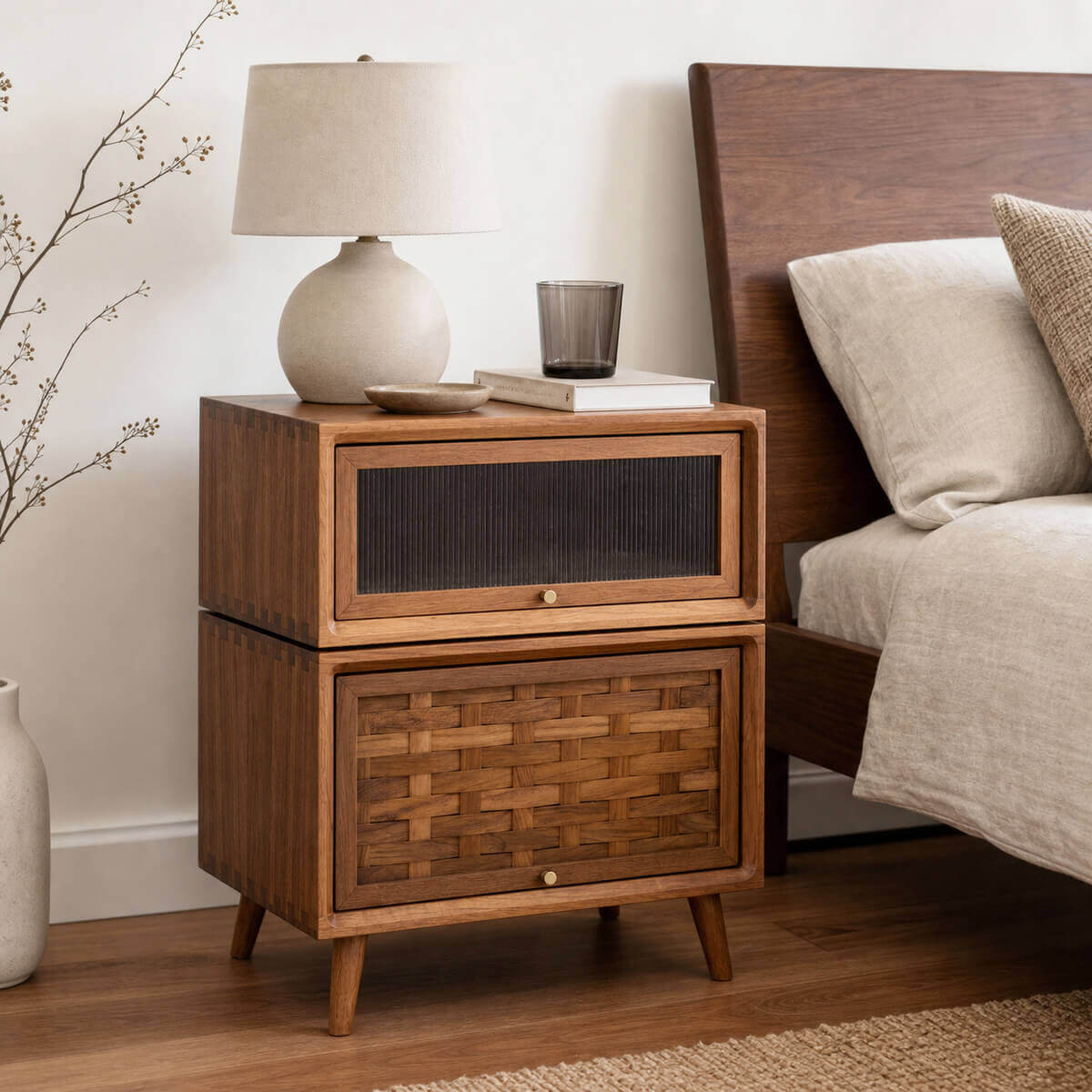 Rosen solid teak bedside table in a modern bedroom