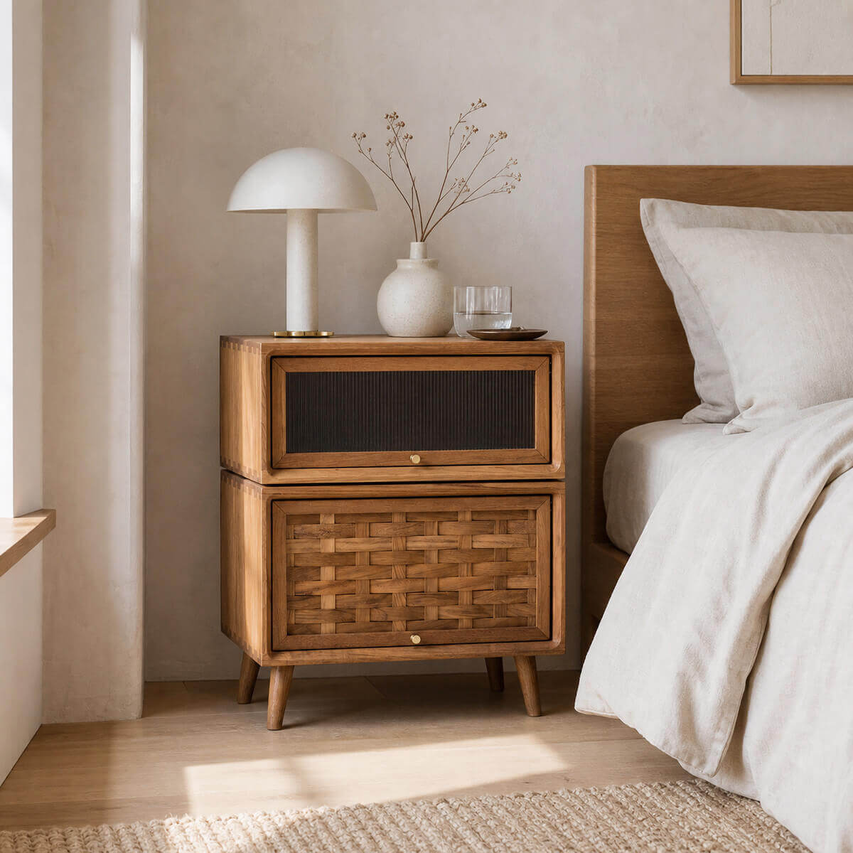 Rosen solid teak bedside table beside a bed in a contemporary bedroom