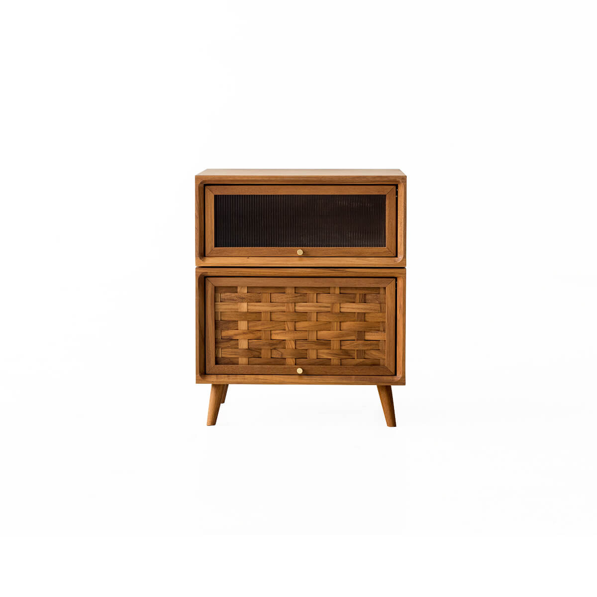 Front view of the Rosen solid teak bedside table