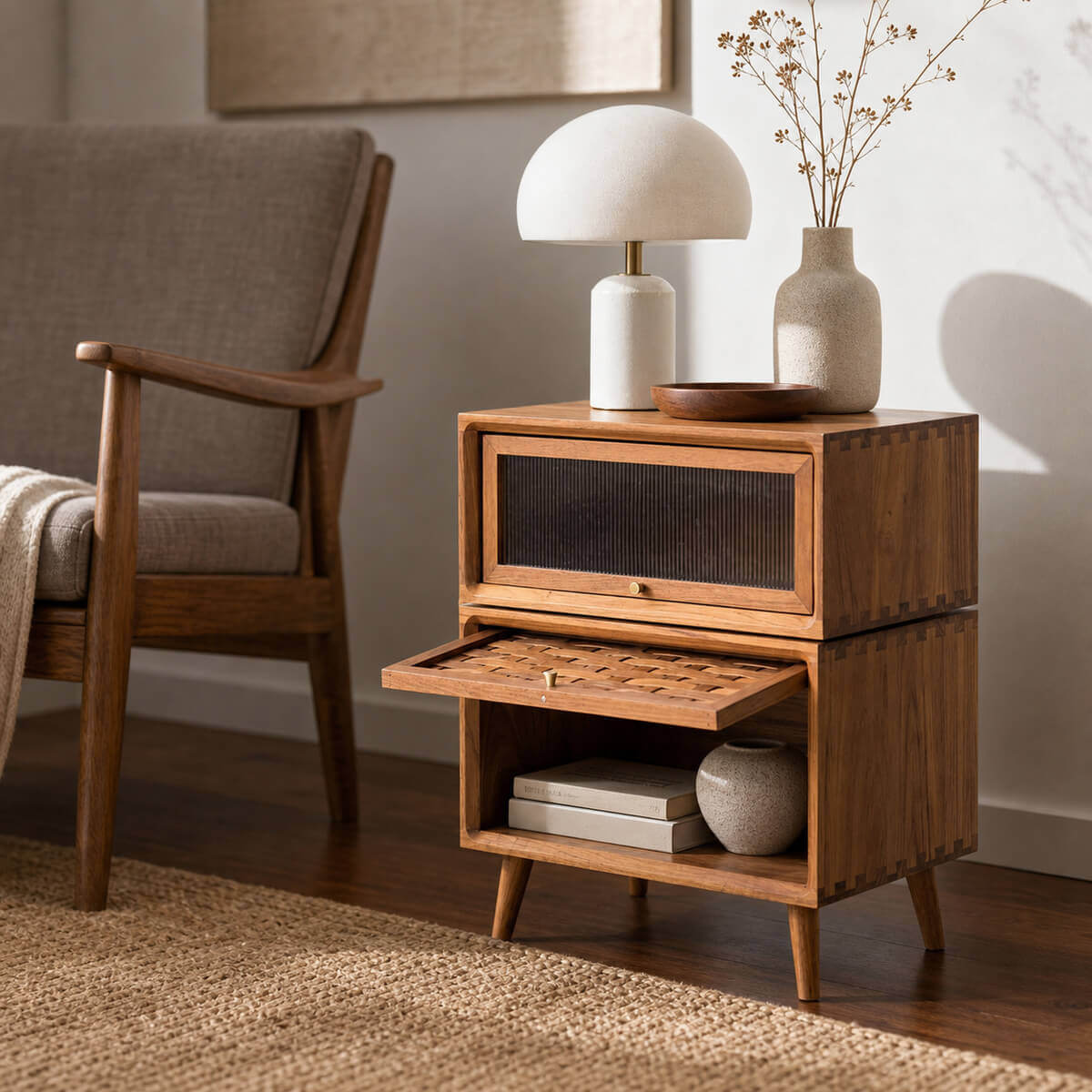 Rosen solid teak bedside table with the lower compartment open beside an armchair