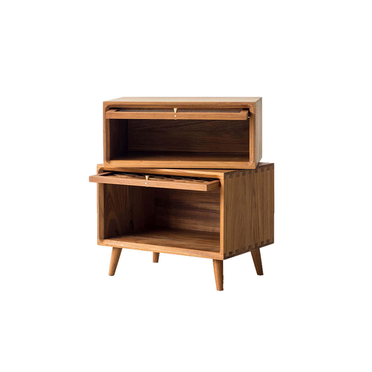 Rosen solid teak bedside table with both storage compartments open