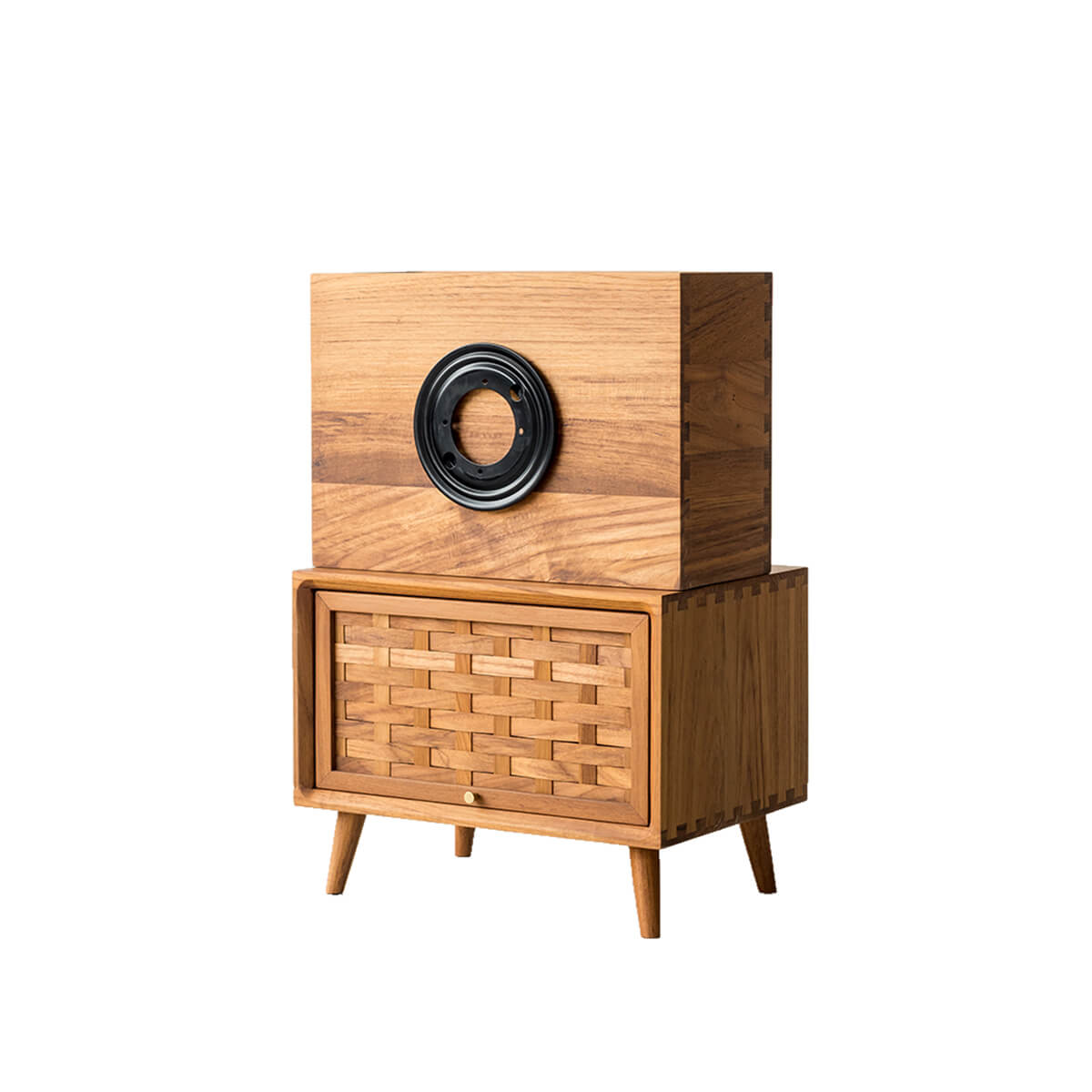 Rosen solid teak bedside table showing the rotating top mechanism