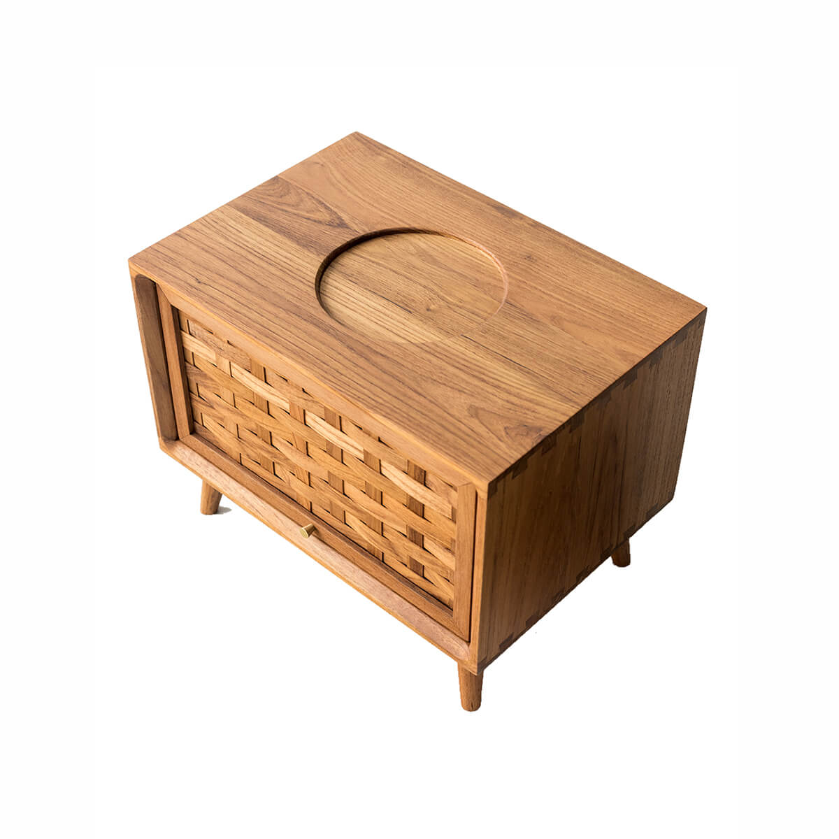 Top view of the Rosen solid teak bedside table showing the rotating top