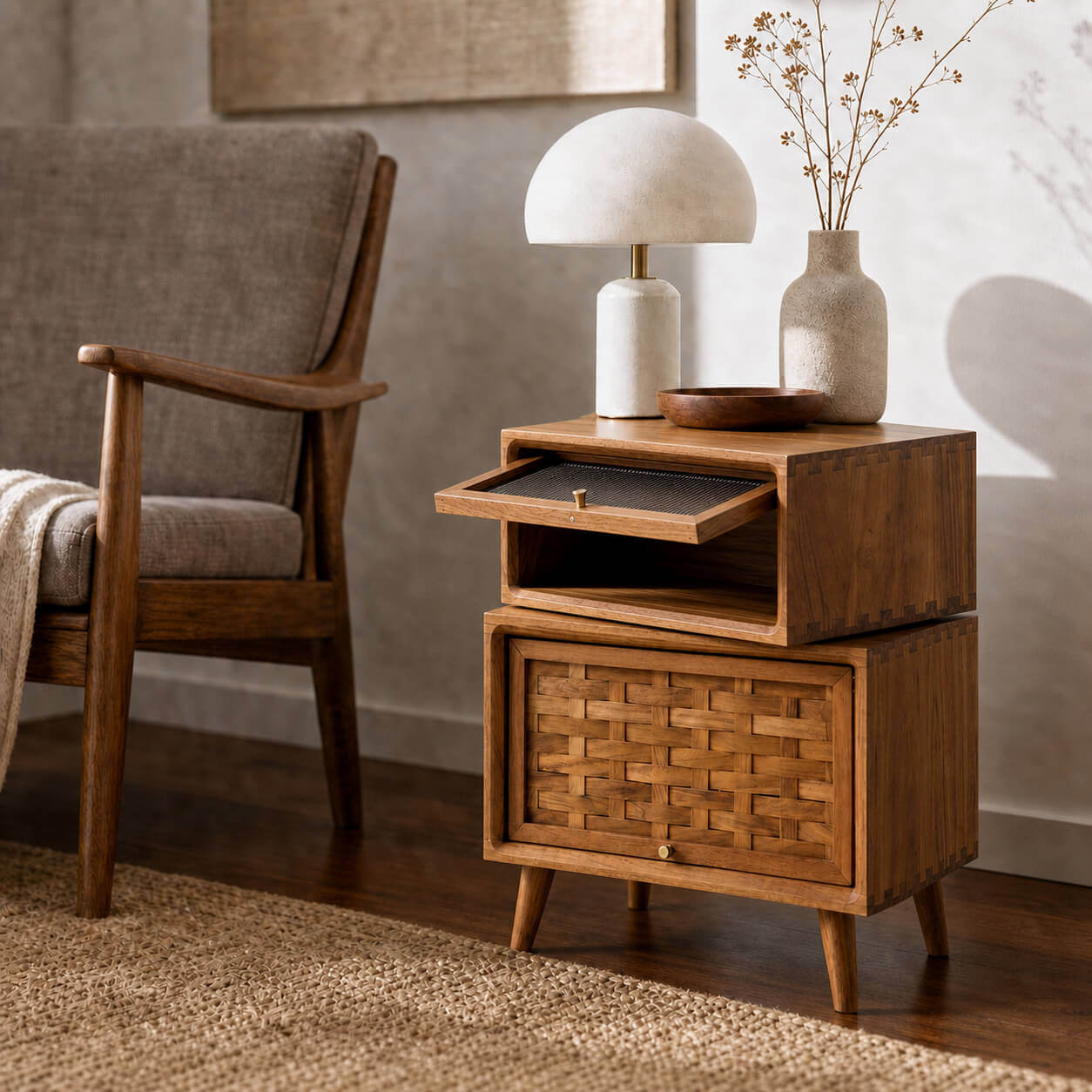 Rosen solid teak bedside table with both compartments open in a reading corner