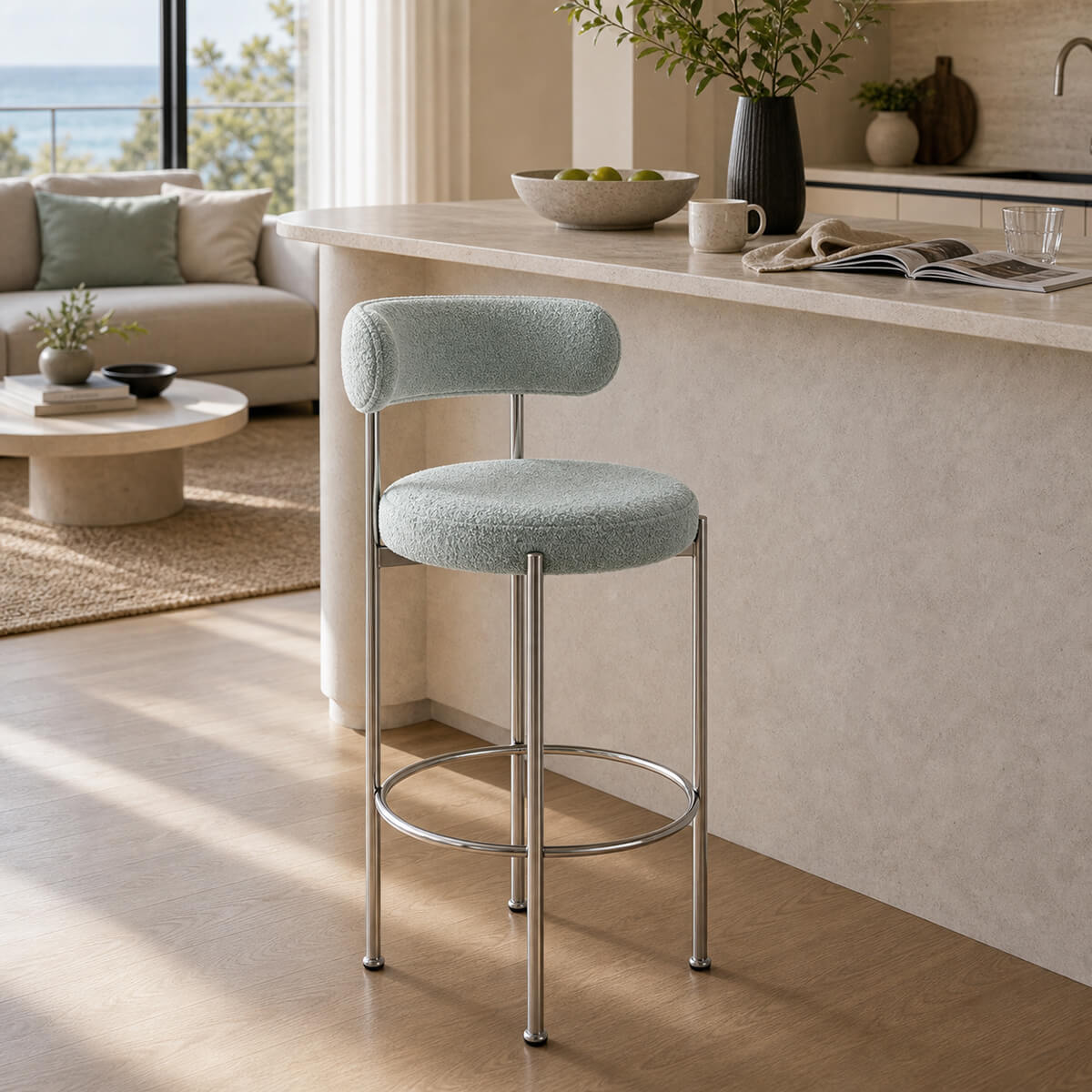 Rosy Bar Stool with blue teddy upholstery