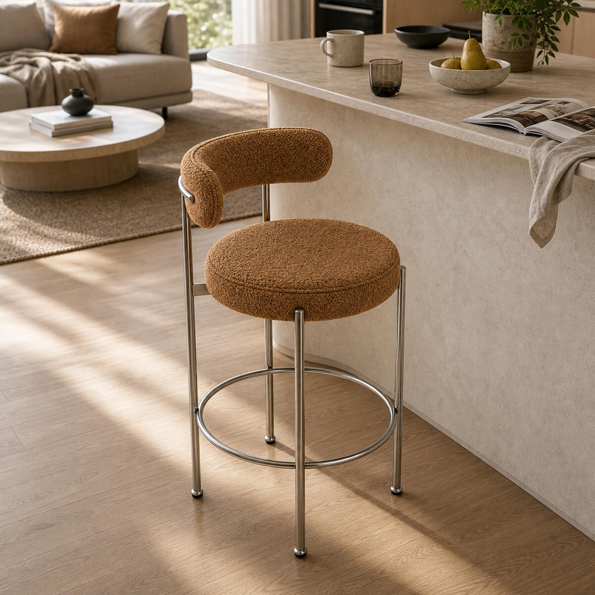 Rosy Bar Stool with brown teddy upholstery and stainless steel frame in modern kitchen