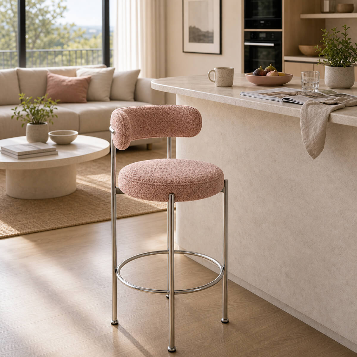 Rosy Bar Stool with pink teddy upholstery