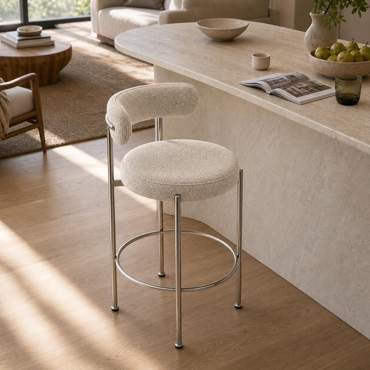 Rosy Bar Stool with white teddy upholstery and stainless steel frame