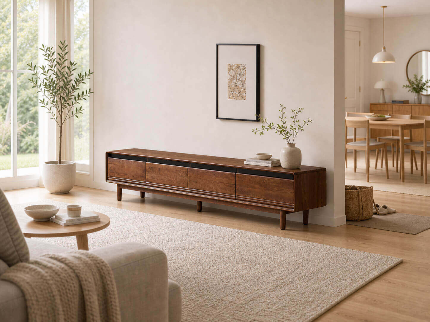 Rowan Solid Walnut TV Unit in open-plan living and dining space